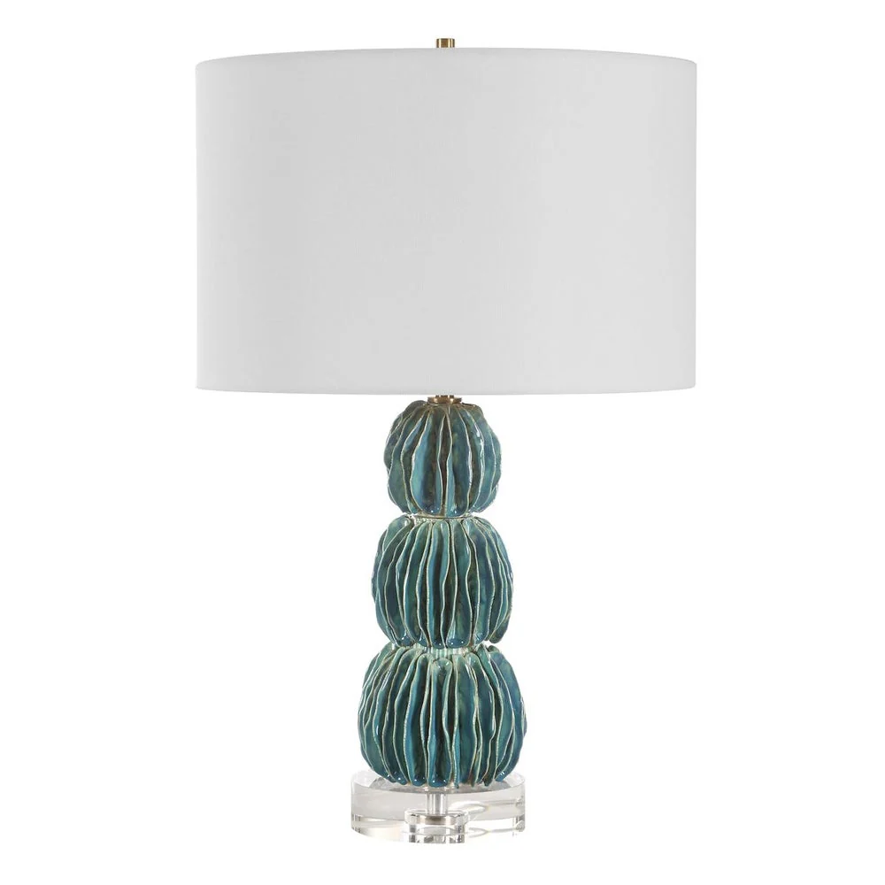 Uttermost Bonaire Teal Blue Glazed Ceramic Table Lamp With White Linen Shade - Image 5
