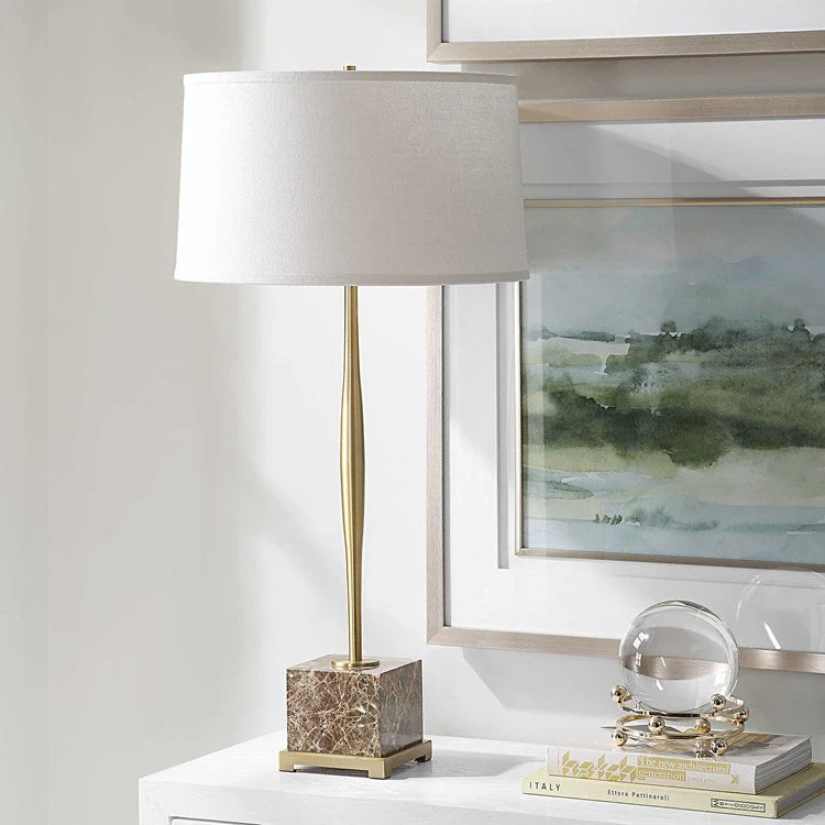 Uttermost Booker Antiqued Brass and Brown Marble Table Lamp With White Linen Shade - Image 3