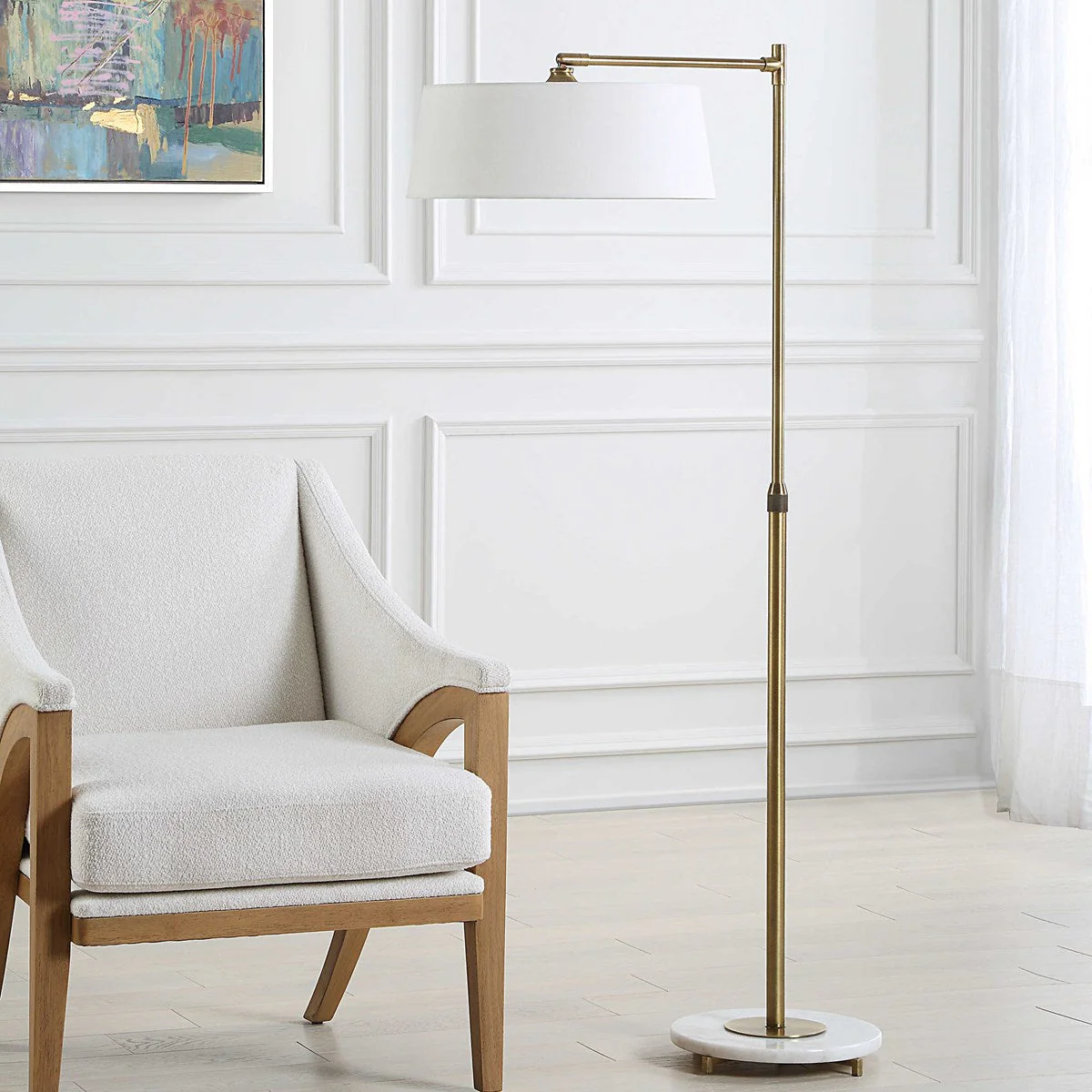 Uttermost Branch Out Antiqued Brush Brass and Marble Floor Lamp With White Linen Shade