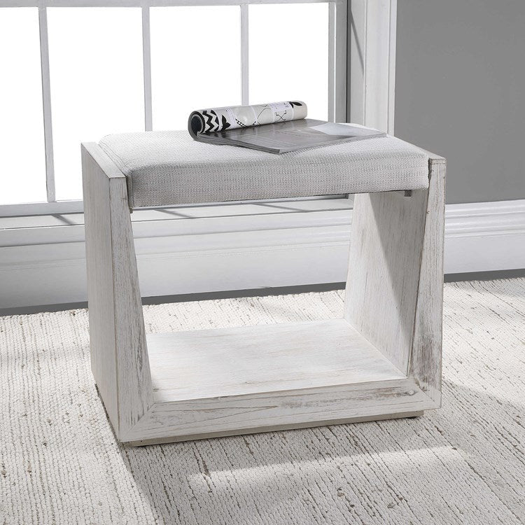 Uttermost Cabana White Fabric Seat Coastal Whitewashed Wood Small Bench - Image 3