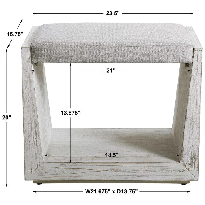 Uttermost Cabana White Fabric Seat Coastal Whitewashed Wood Small Bench - Image 6
