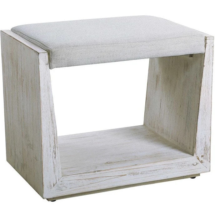 Uttermost Cabana White Fabric Seat Coastal Whitewashed Wood Small Bench - Image 7