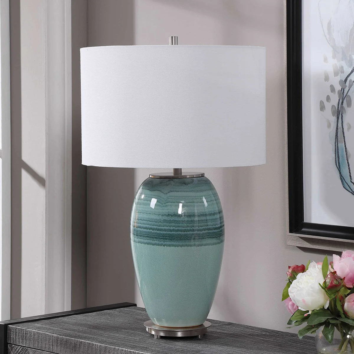 Uttermost Caicos Aqua and Teal Crackle Glazed Ceramic Table Lamp With White Linen Shade - Image 7