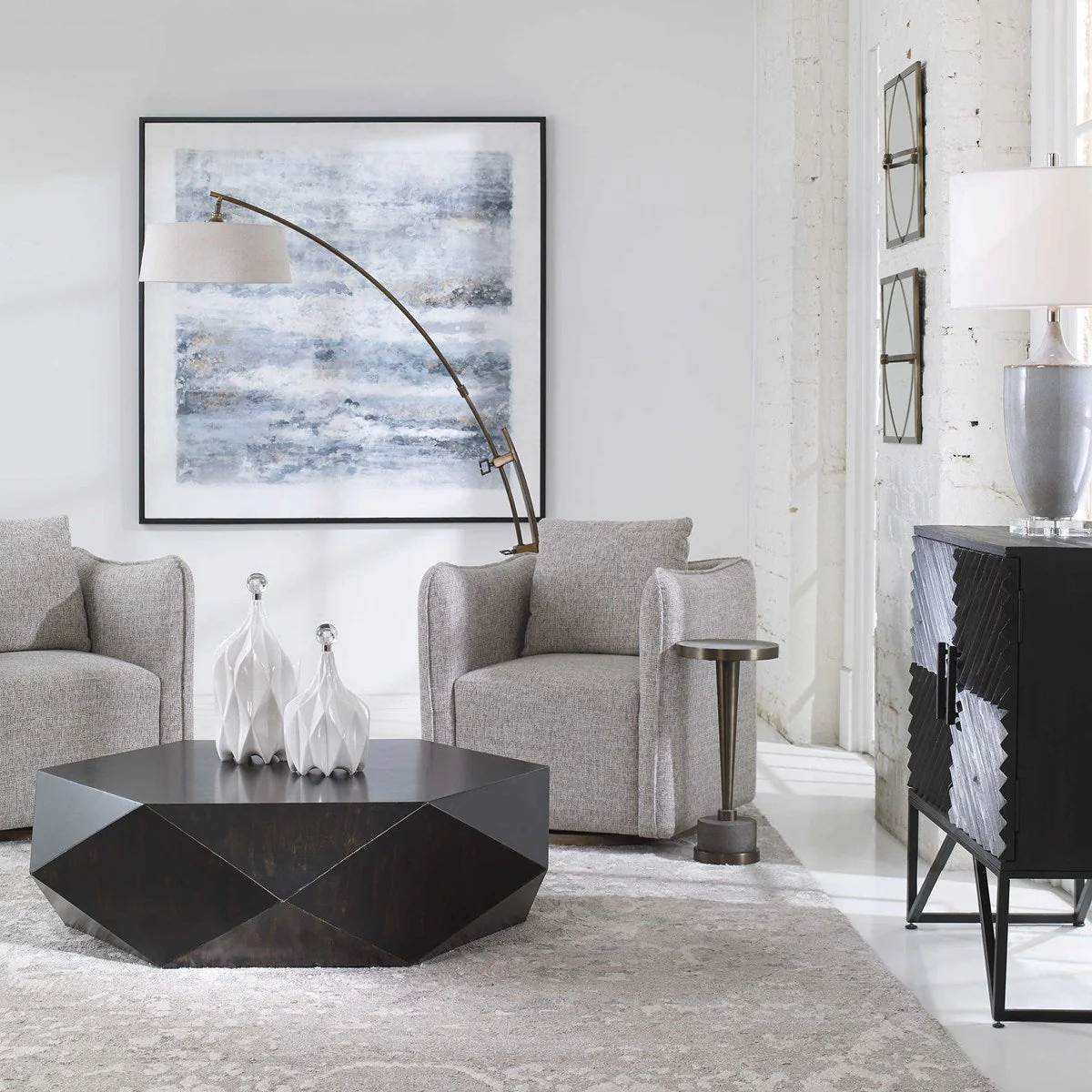 Uttermost Calogero Dark Bronze Arc Floor Lamp With Light Beige Linen Shade - Image 3
