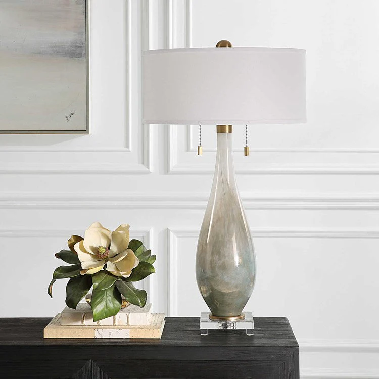 Uttermost Cardoni Gloss White and Smoked Bronze Glass Table Lamp With Linen Shade - Image 3