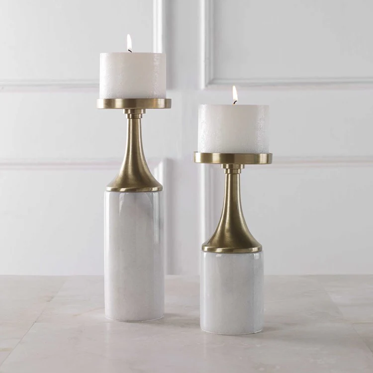 Uttermost Castiel White Marble and Antiqued Brushed Brass Set of 2 Candle Holders ~ Candles Included