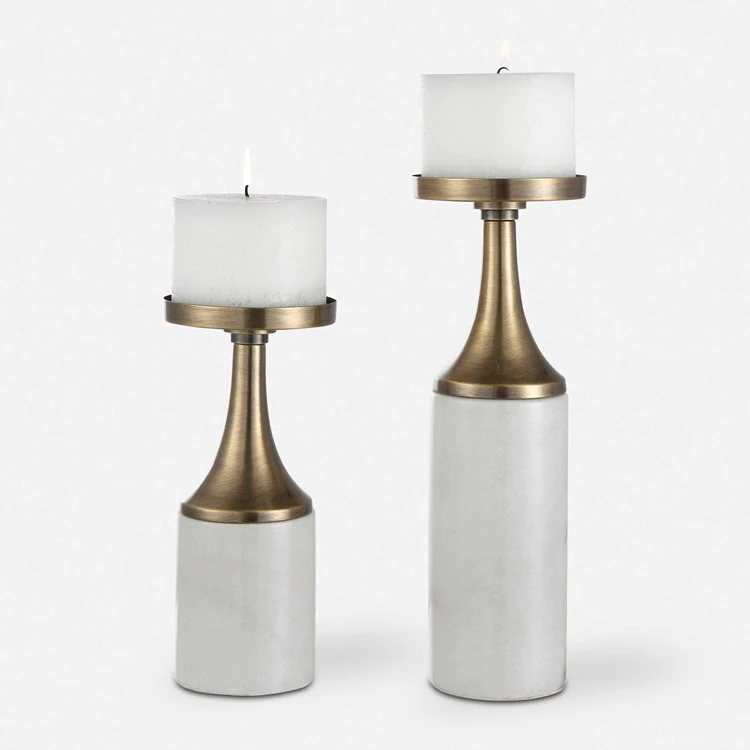 Uttermost Castiel White Marble and Antiqued Brushed Brass Set of 2 Candle Holders ~ Candles Included - Image 2