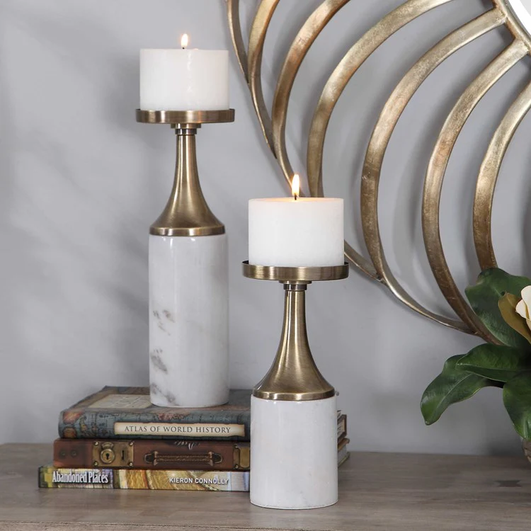 Uttermost Castiel White Marble and Antiqued Brushed Brass Set of 2 Candle Holders ~ Candles Included - Image 3