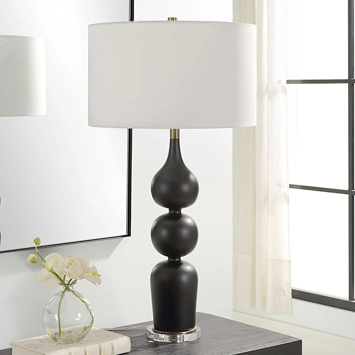 Uttermost Caviar Matte Black Glazed Ceramic Table Lamp With White Linen Shade