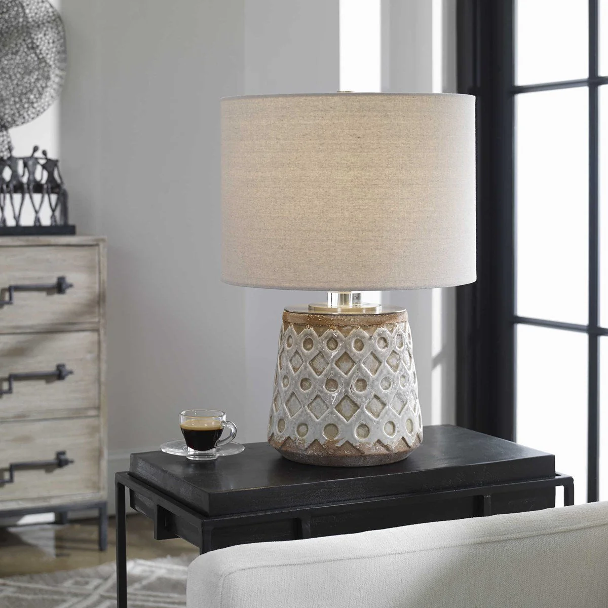 Uttermost Cetona Blue Gray Glazed Embossed Ceramic Table Lamp With Linen Shade - Image 3