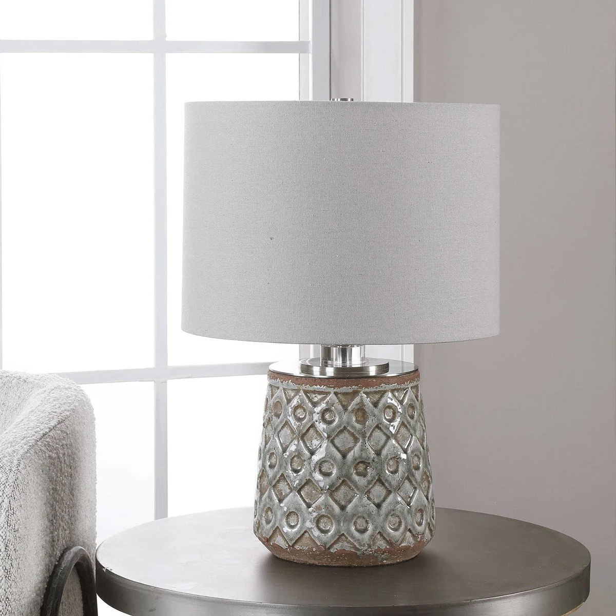 Uttermost Cetona Blue Gray Glazed Embossed Ceramic Table Lamp With Linen Shade - Image 4