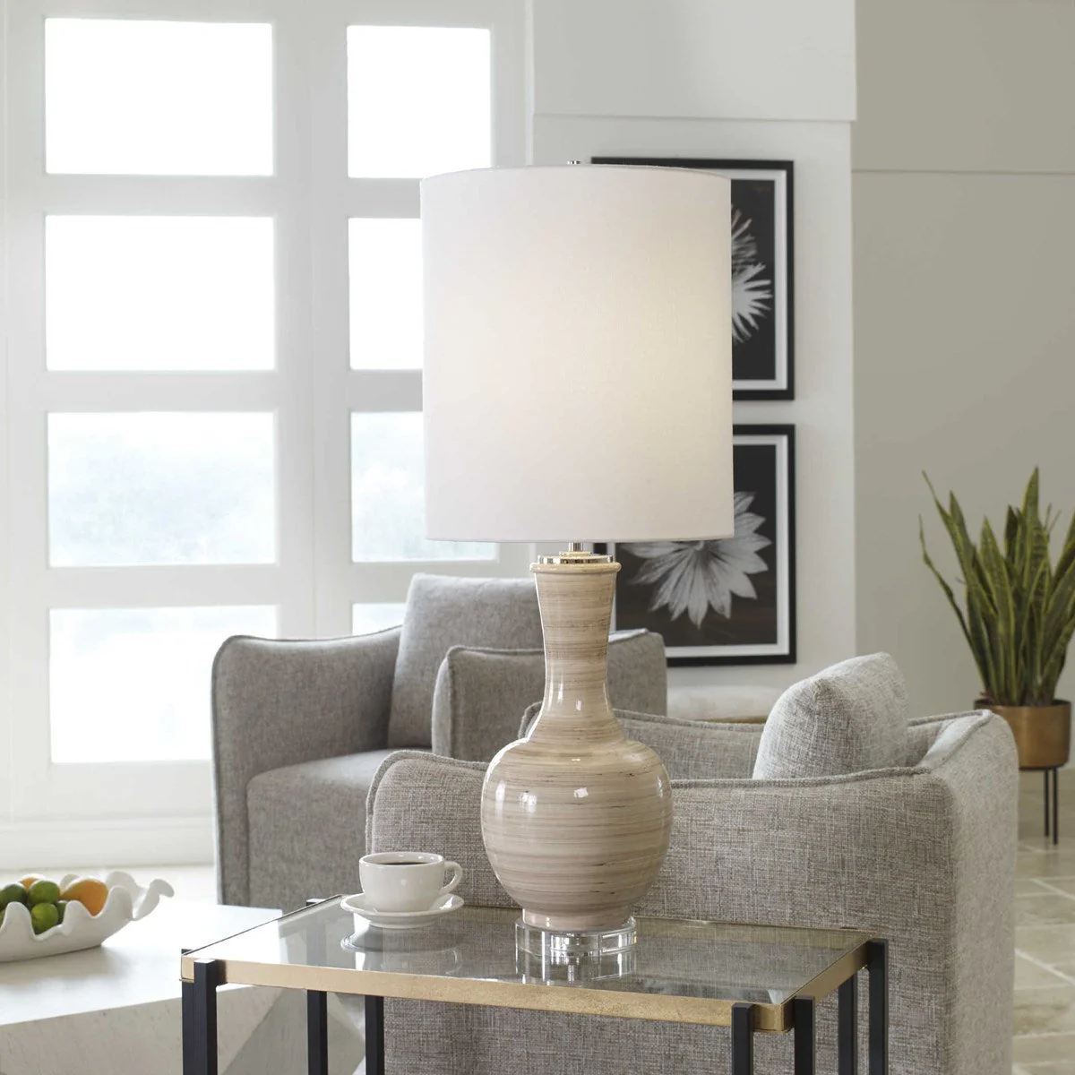 Uttermost Chalice Taupe, Tan and Charcoal Ceramic Table Lamp With White Linen Shade