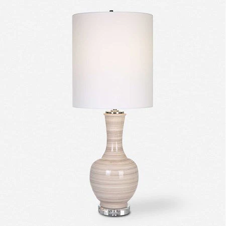 Uttermost Chalice Taupe, Tan and Charcoal Ceramic Table Lamp With White Linen Shade - Image 3