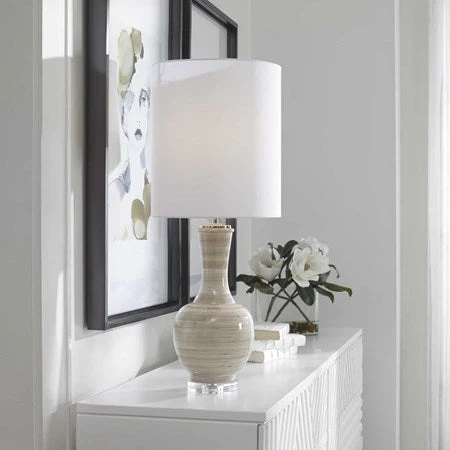 Uttermost Chalice Taupe, Tan and Charcoal Ceramic Table Lamp With White Linen Shade - Image 4