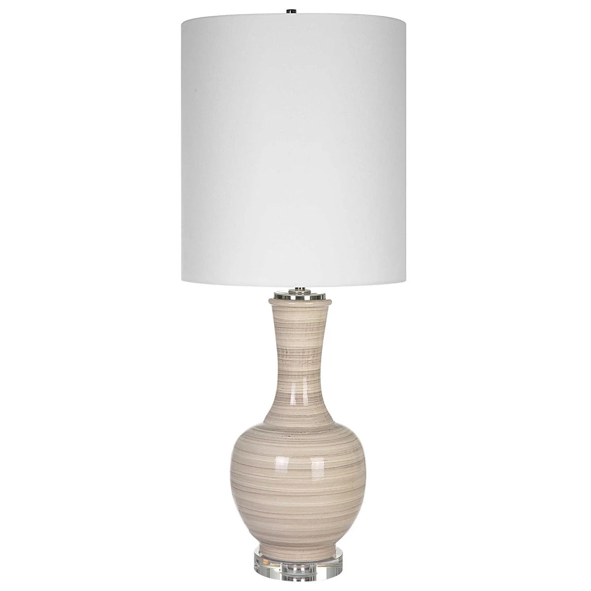 Uttermost Chalice Taupe, Tan and Charcoal Ceramic Table Lamp With White Linen Shade - Image 5
