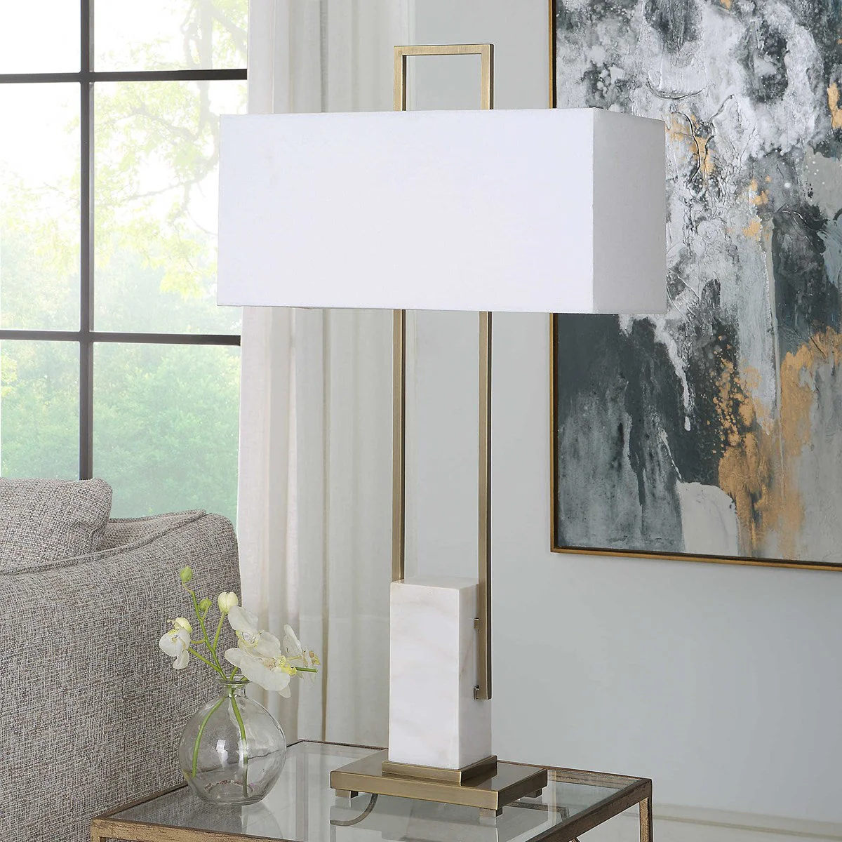 Uttermost Column Brass and Marble Table Lamp With White Linen Shade - Image 4