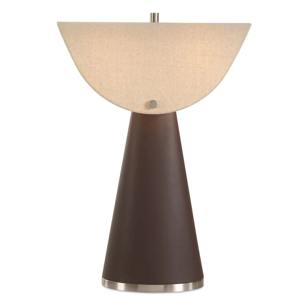 Uttermost Conover Rich Chocolate Vegan Leather Table Lamp With A Unique Shape White Linen Shade - Image 2