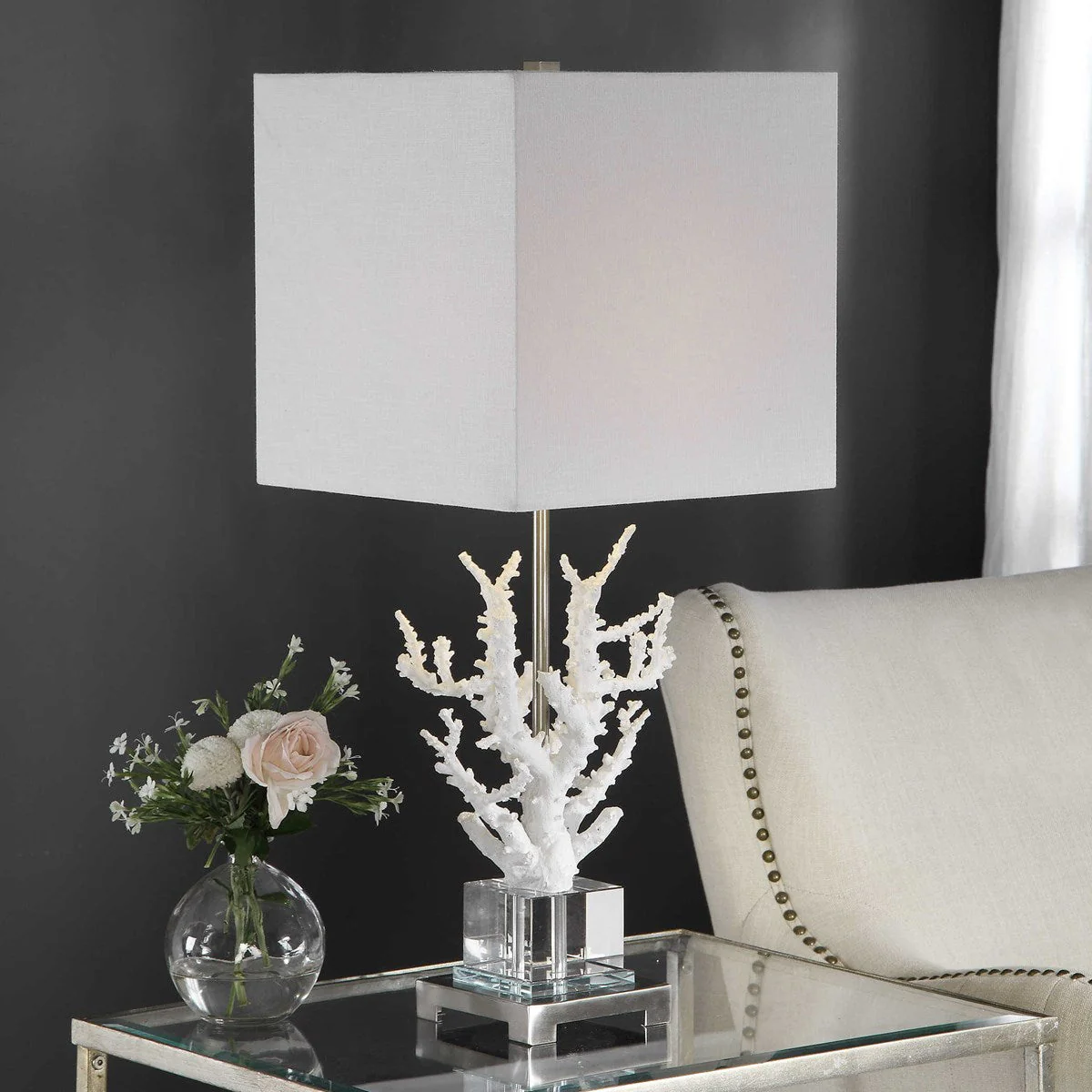 Uttermost Corallo White Coral and Crystal Table Lamp With Light Beige Linen Shade - Image 3