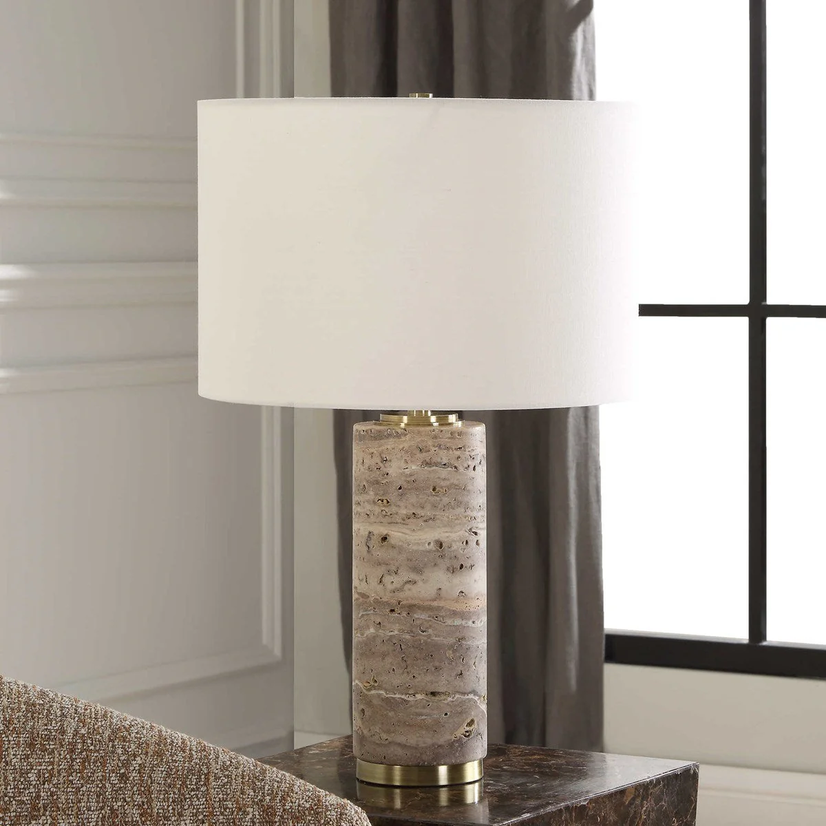 Uttermost Cortado Travertine Table Lamp With White Linen Shade - Image 3