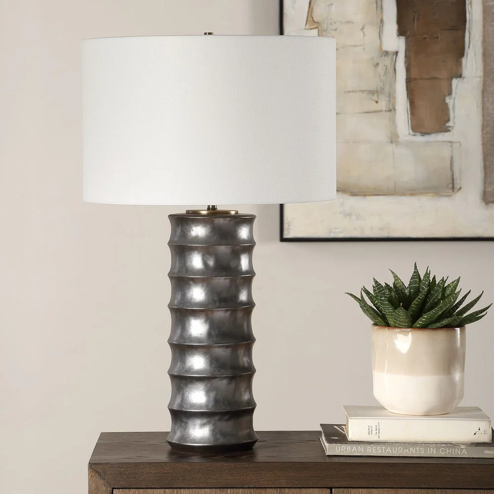 Uttermost Corvair Metallic Dark Bronze Glazed Base Table Lamp With White Linen Drum Shade - Image 2