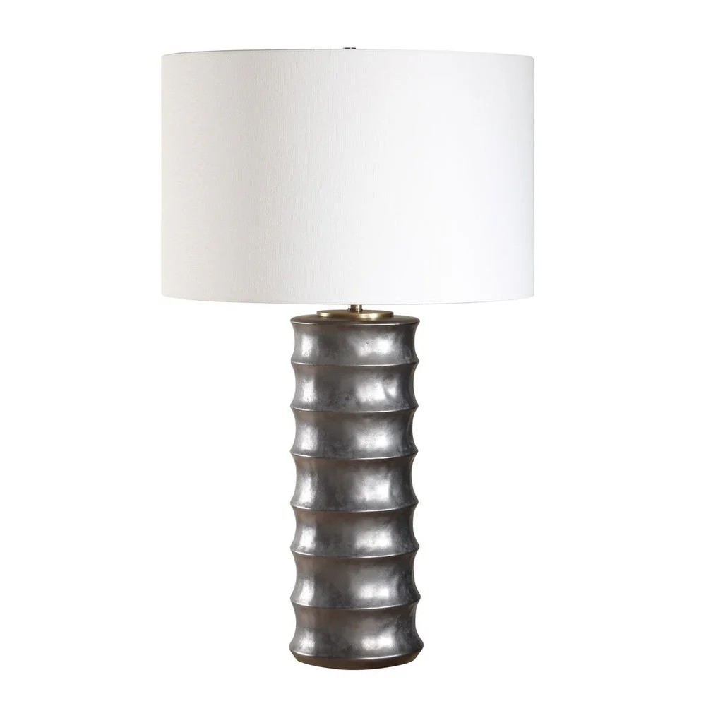 Uttermost Corvair Metallic Dark Bronze Glazed Base Table Lamp With White Linen Drum Shade - Image 4