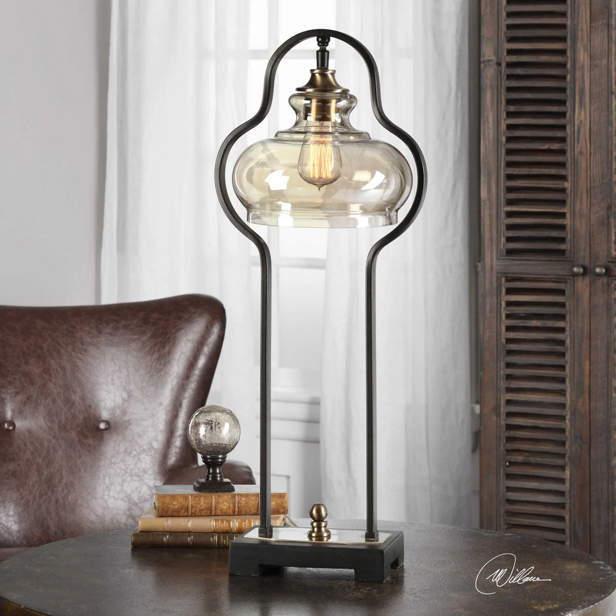 Uttermost Cotulla Forged Iron Accent Lamp With Amber Glass Shade - Image 4