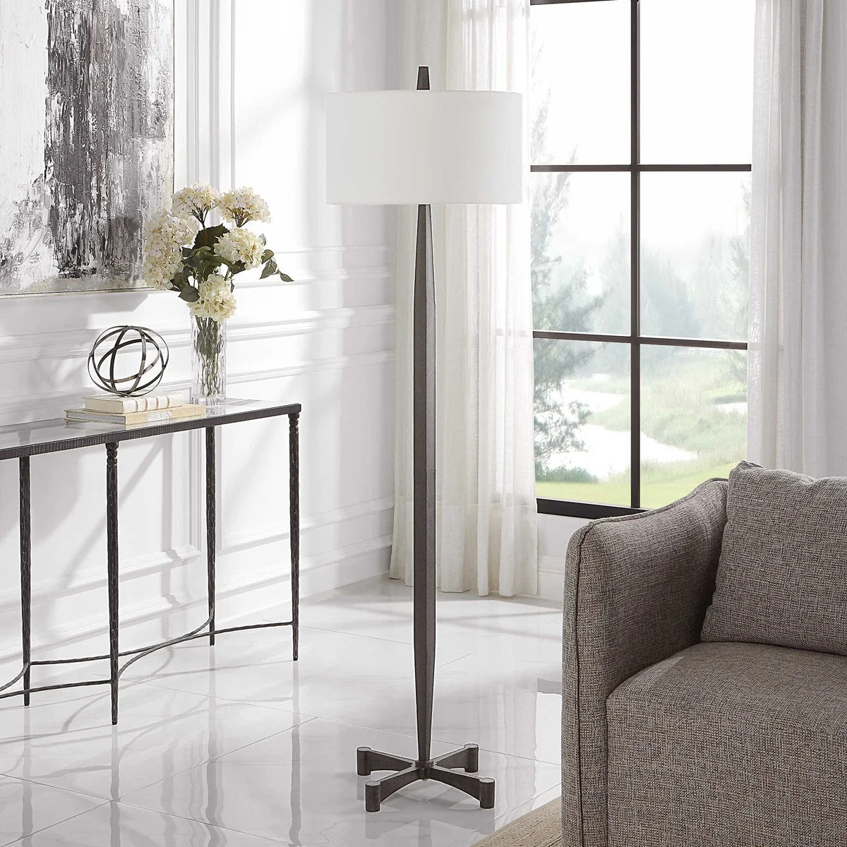 Uttermost Counteract Aged Black Iron Floor Lamp With White Linen Shade - Image 2