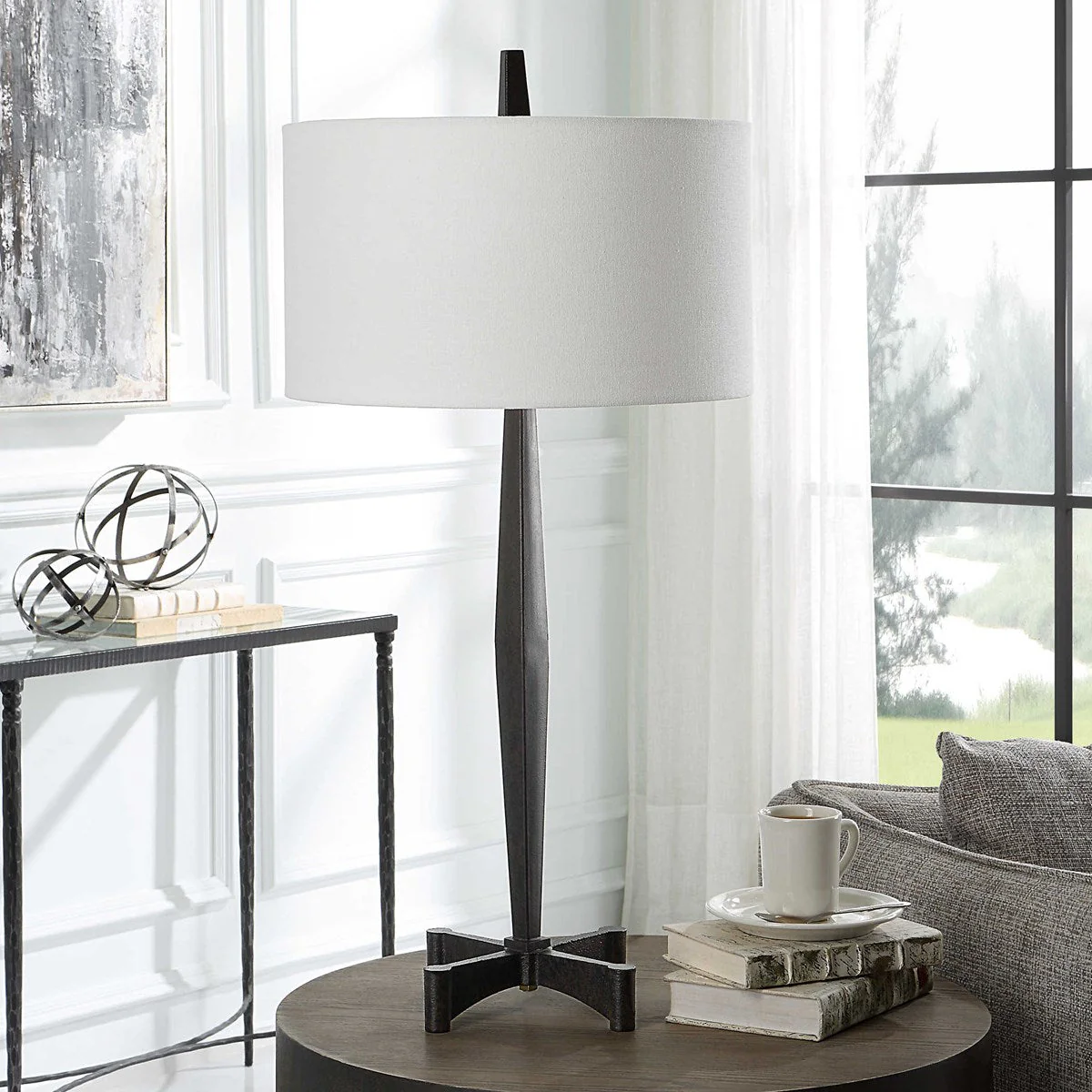Uttermost Counteract Aged Black Iron Table Lamp With White Linen Shade - Image 6