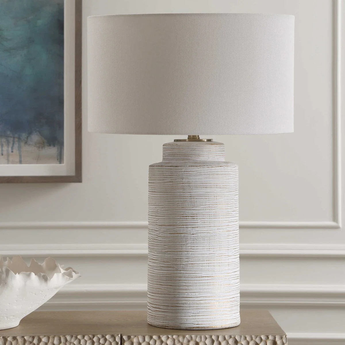 Uttermost Crimp Distressed Ivory Textured Ceramic Table Lamp With White Linen Shade - Image 7