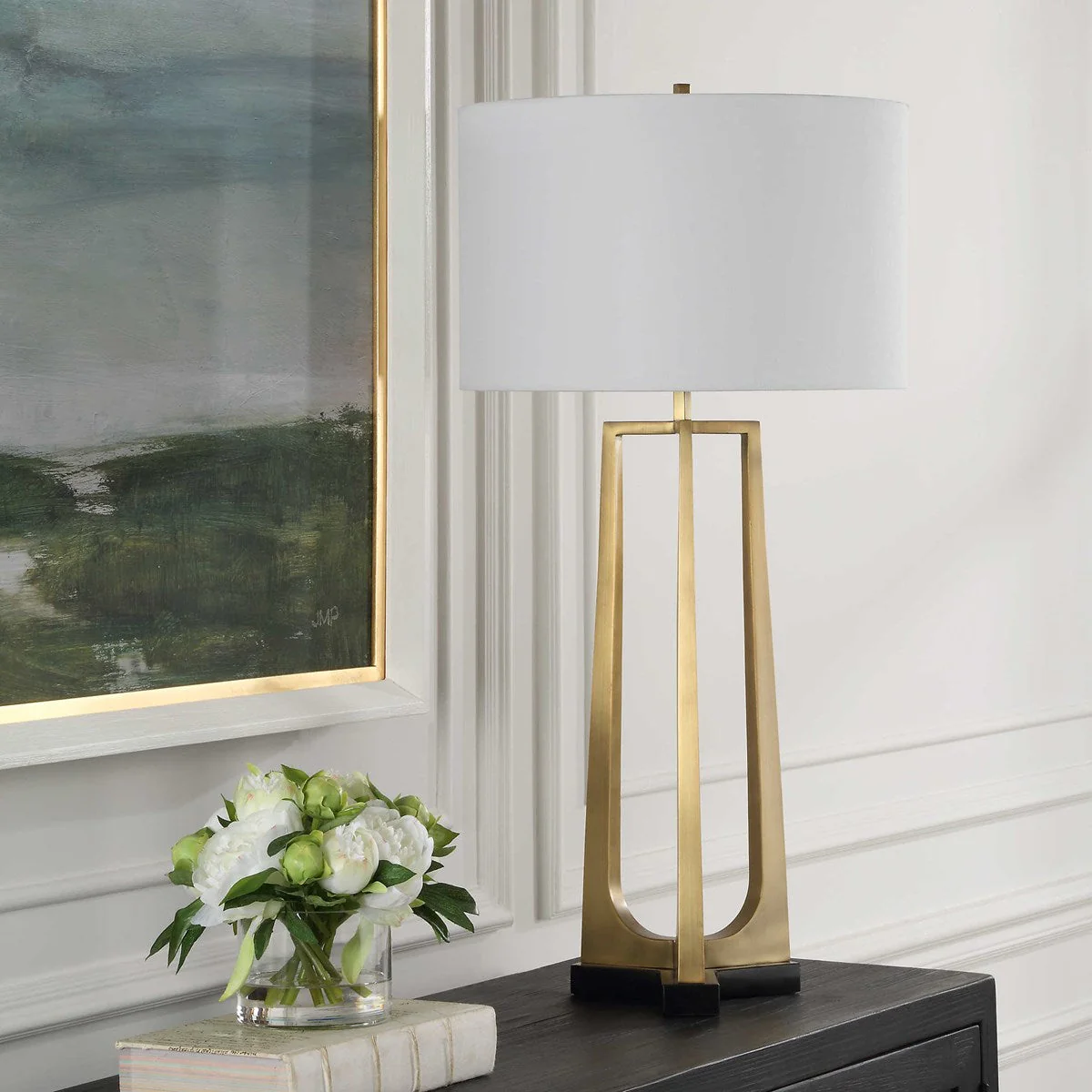 Uttermost Crossroads Antiqued Brass and Black Marble Table Lamp With White Linen Shade - Image 7