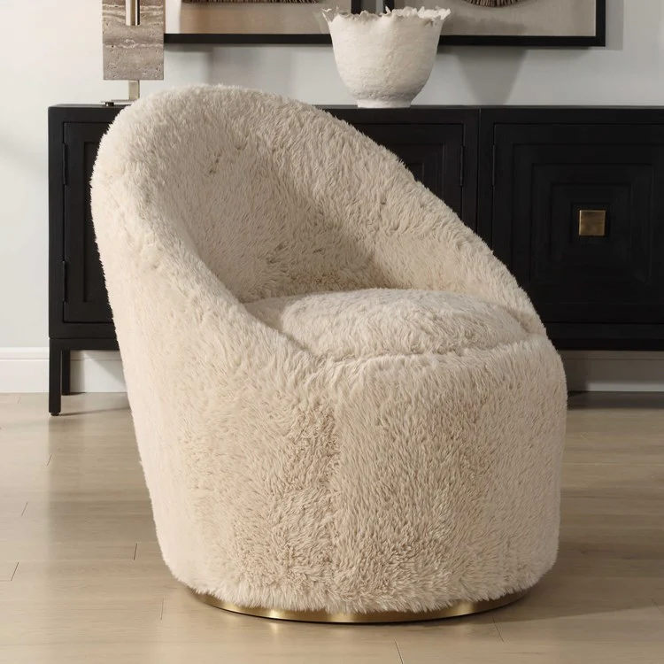 Uttermost Crue Caramel Long Haired Faux Sheepskin Barrel Style Swivel Chair - Image 3