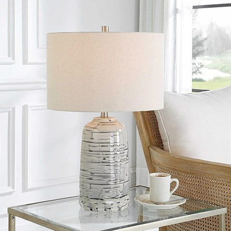 Uttermost Cyclone Ivory and Gray Glazed Ceramic Table Lamp With Light Beige Linen Shade - Image 2
