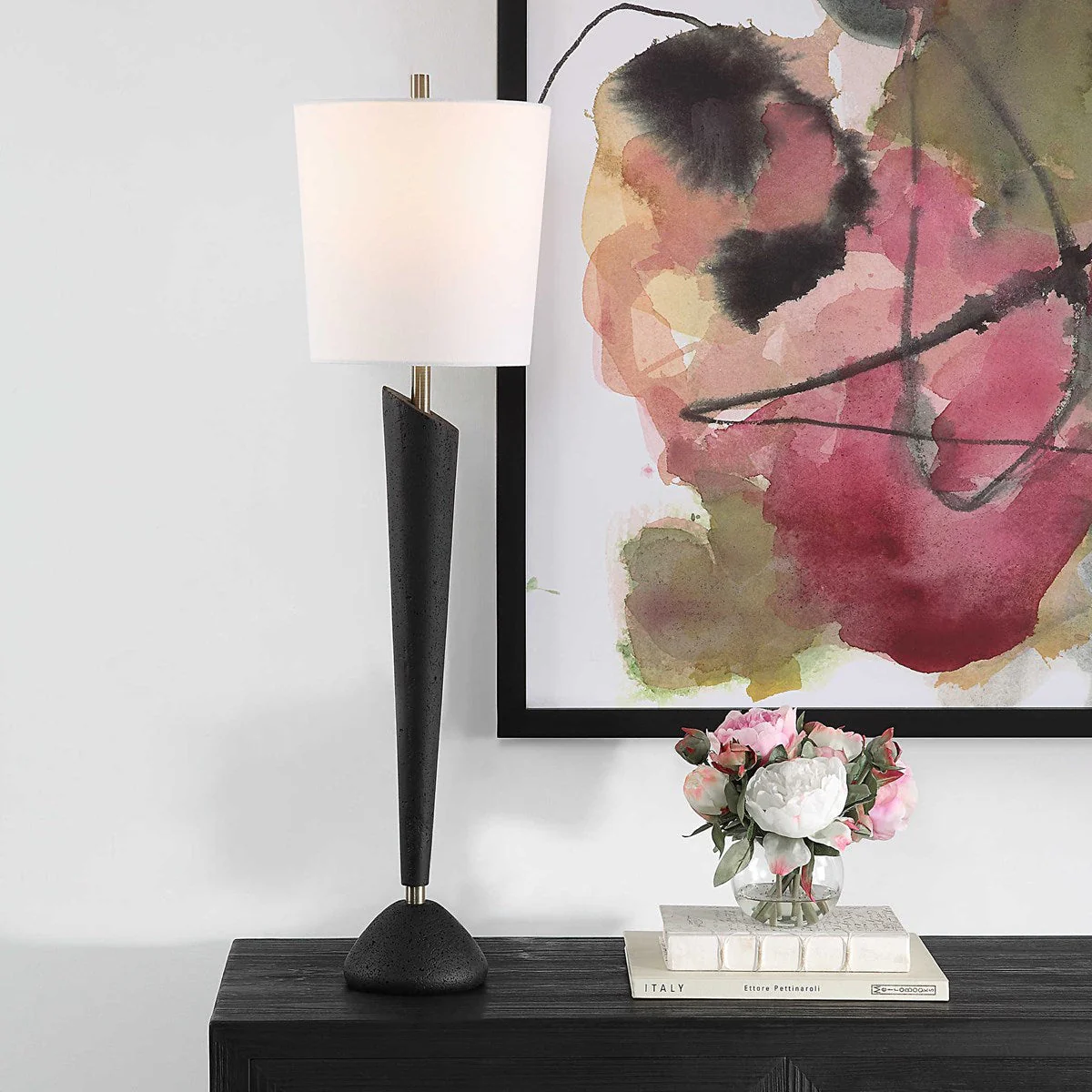 Uttermost Cypher Black Stone Modern Buffet Lamp With White Linen Shade - Image 3