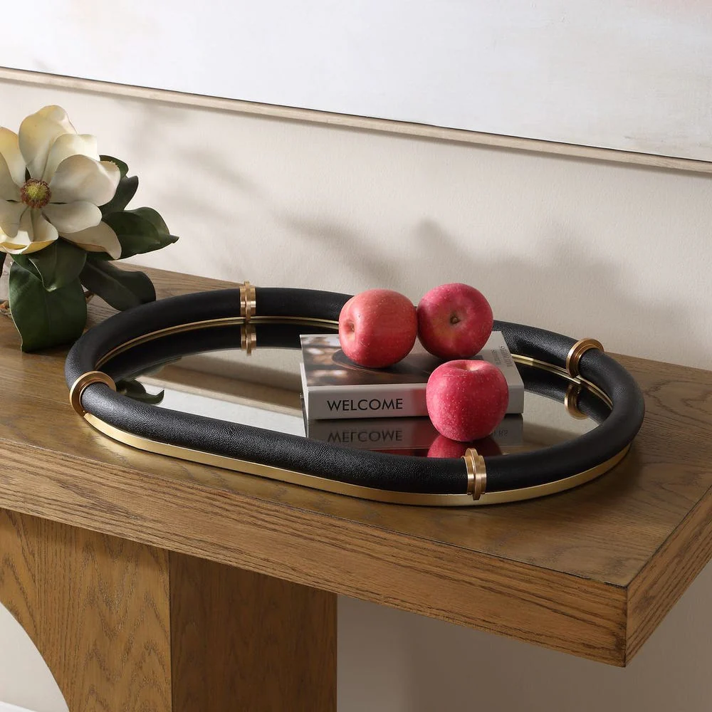 Uttermost Cyprus Black Faux Shagreen Leather Wrapped Oval Tray