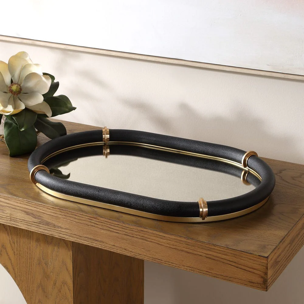 Uttermost Cyprus Black Faux Shagreen Leather Wrapped Oval Tray - Image 2