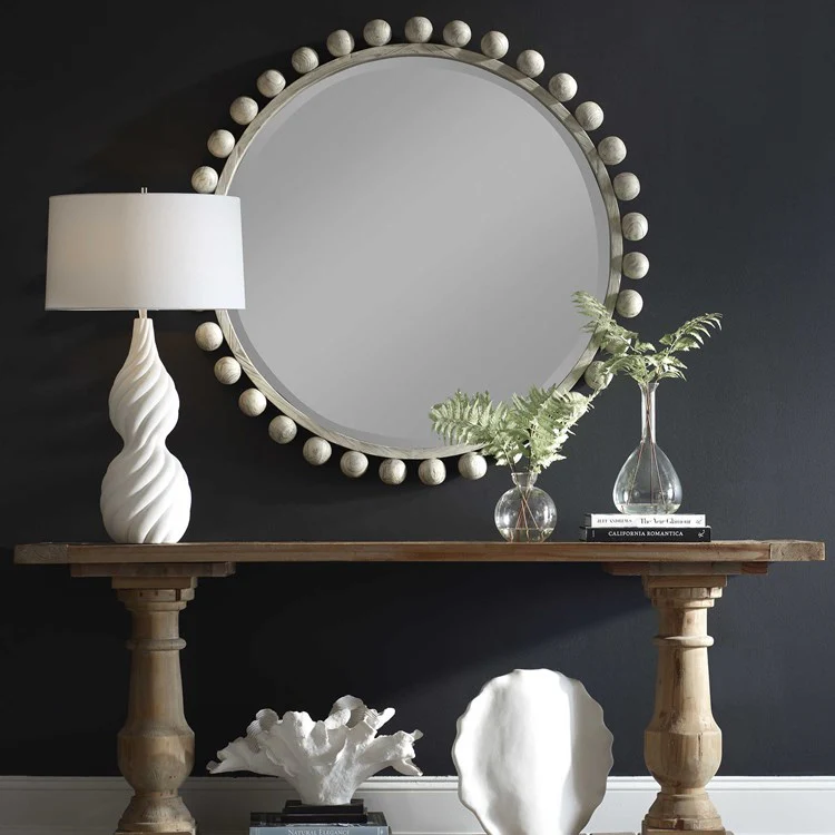 Uttermost Cyra Aged Ivory Wood Beaded Round Mirror