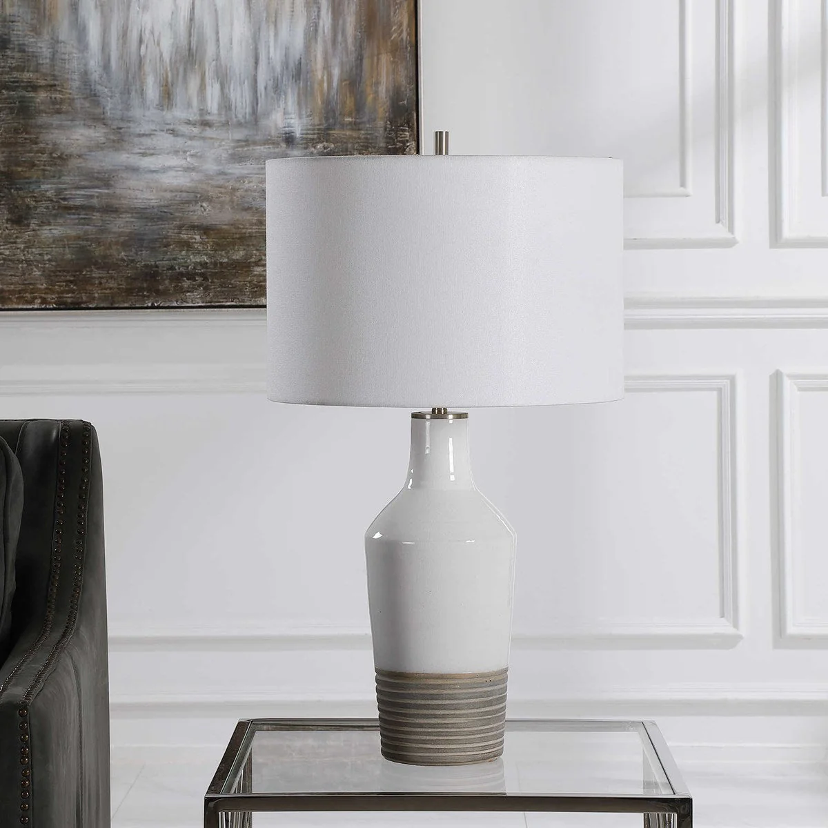 Uttermost Dakota White Crackle Glazed Ceramic Table Lamp With Linen Shade - Image 3