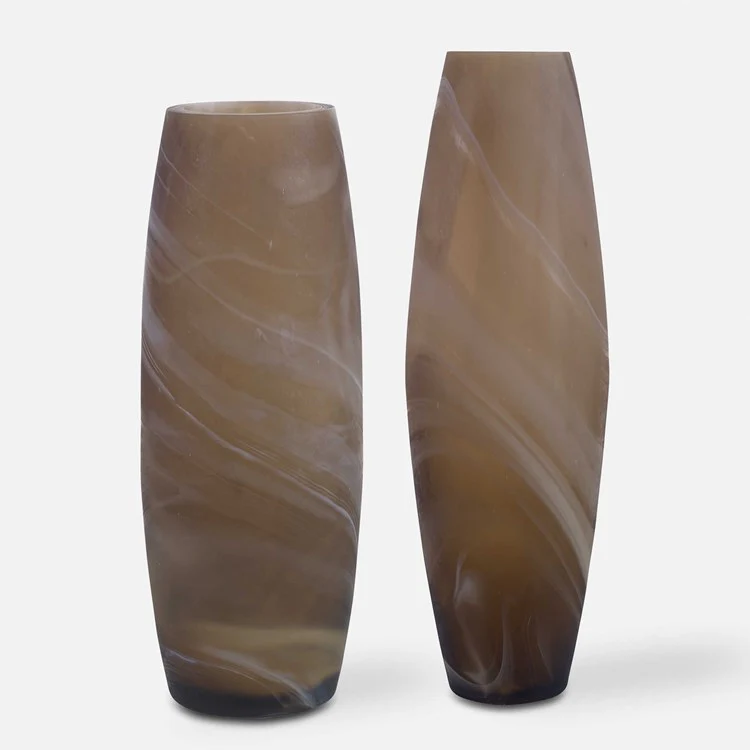 Uttermost Delicate Swirl Caramel Brown and Ivory Glass Set of 2 Vases - Image 2
