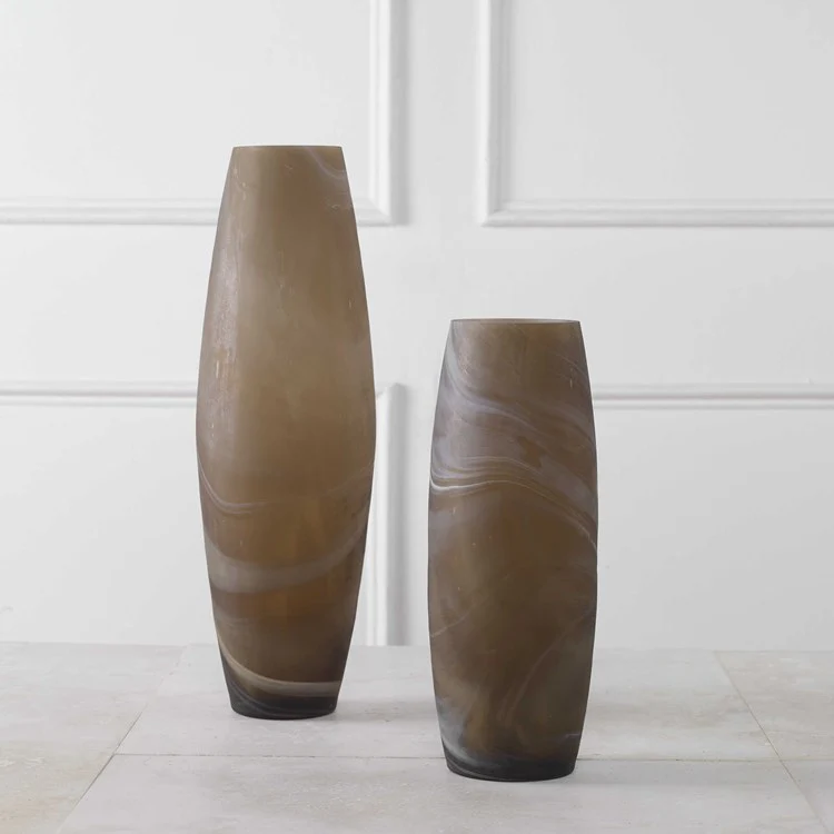 Uttermost Delicate Swirl Caramel Brown and Ivory Glass Set of 2 Vases - Image 3