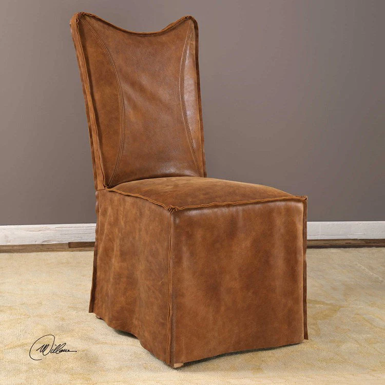 Uttermost Delroy Cognac Nubuck Leather Slipcover Dining Chairs Set of 2 - Image 3