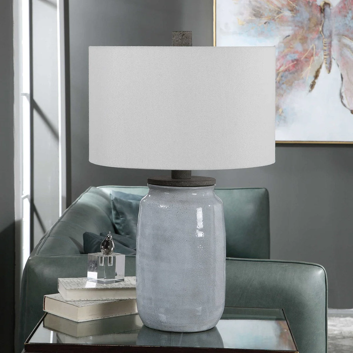 Uttermost Dimitri Light Blue Crackle Glazed Ceramic Table Lamp With Linen Shade - Image 4