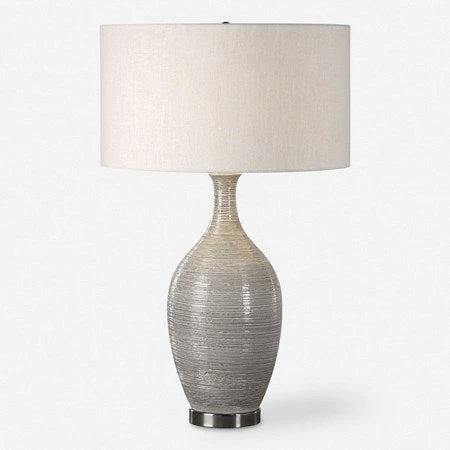 Uttermost Dinah Gray Glazed Ceramic Table Lamp With Light Beige Linen Shade - Image 2
