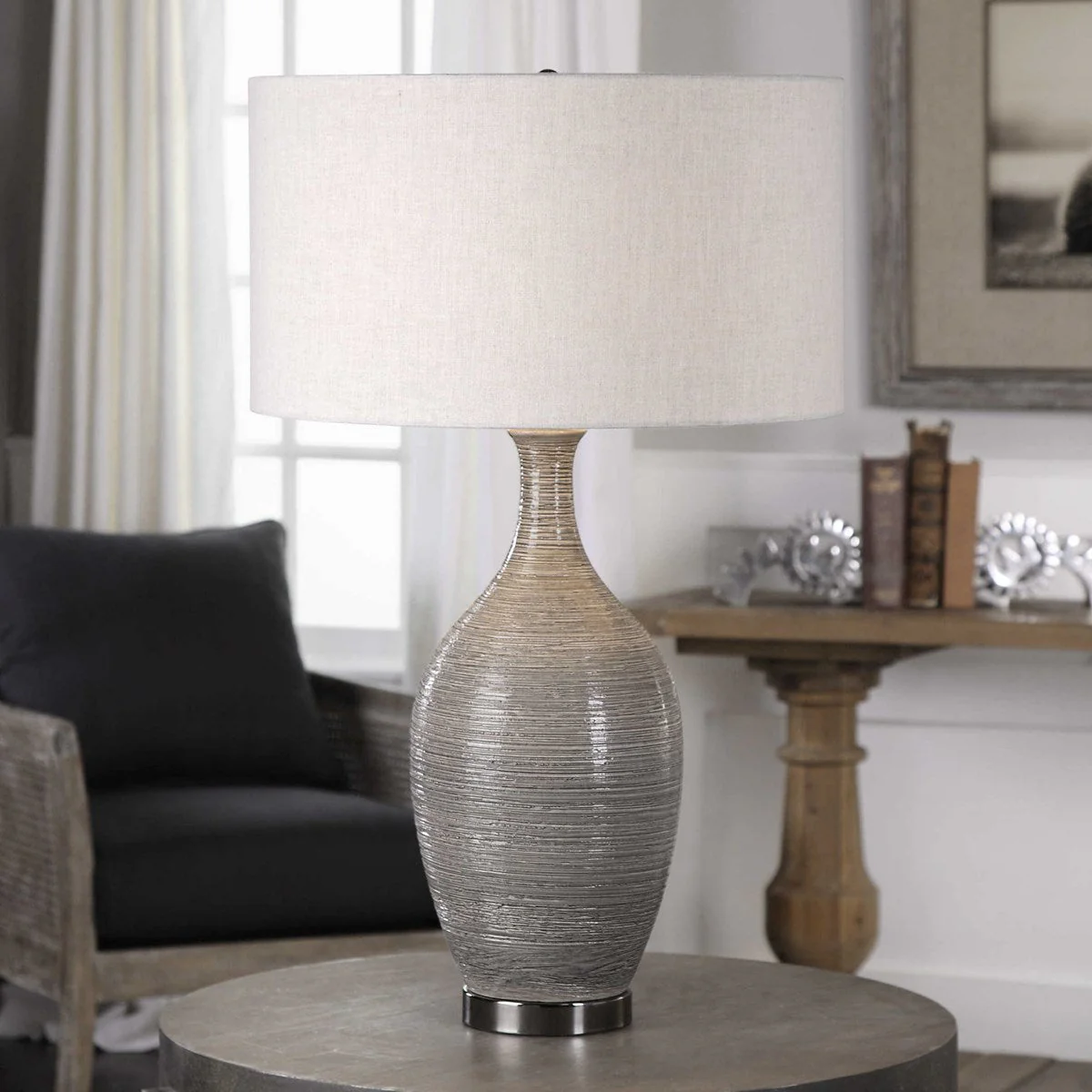 Uttermost Dinah Gray Glazed Ceramic Table Lamp With Light Beige Linen Shade - Image 4