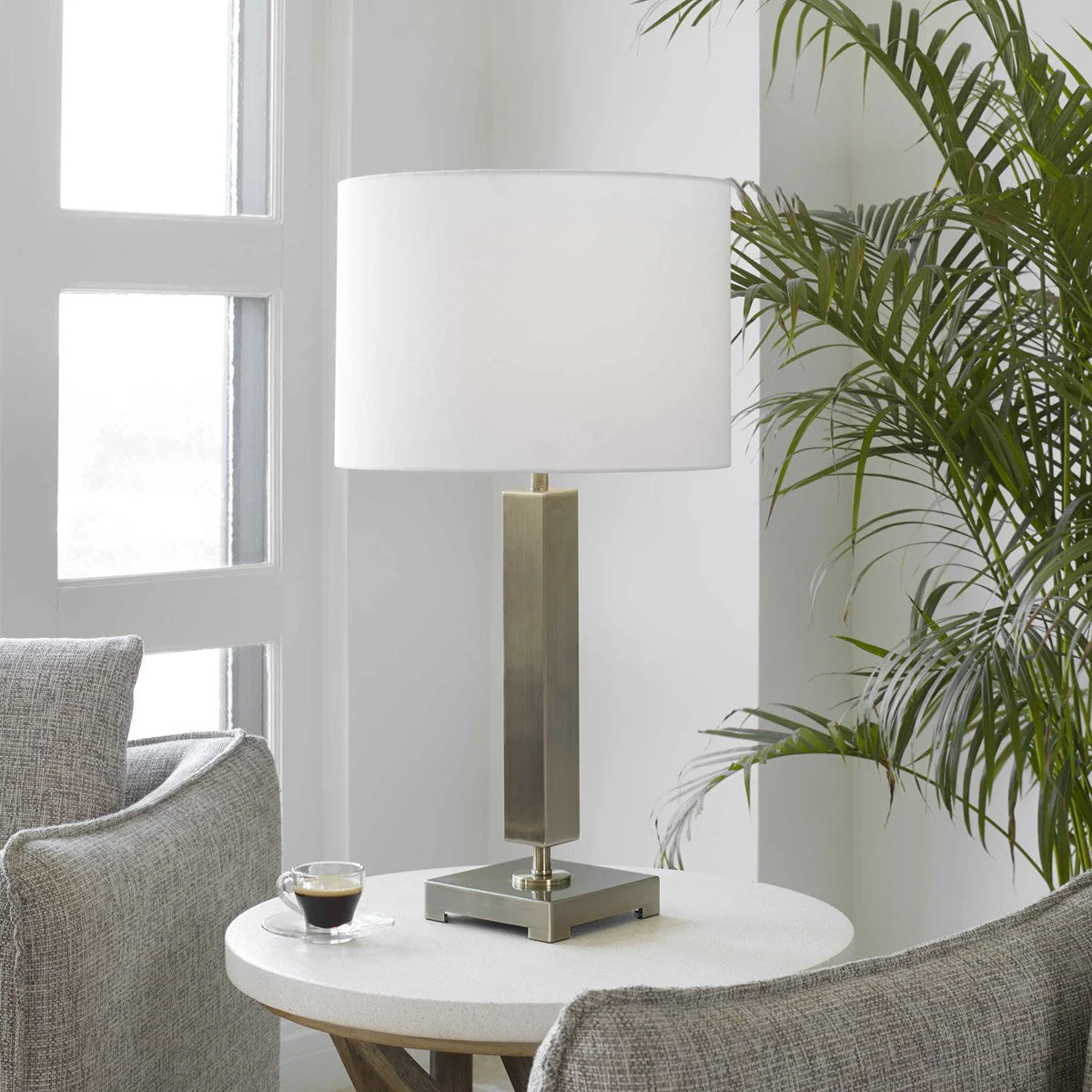 Uttermost Duomo Antique Brass Table Lamp With White Linen Shade - Image 3