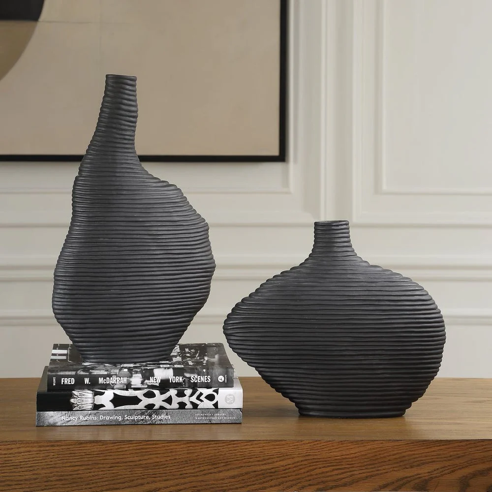 Uttermost Duostacked Set Of 2 Matte Black Ceramic Vases - Image 2