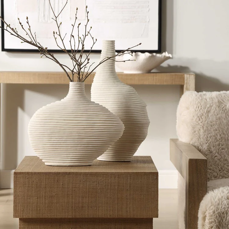 Uttermost Duostacked Matte White Textured Ceramic Set of 2 Vases