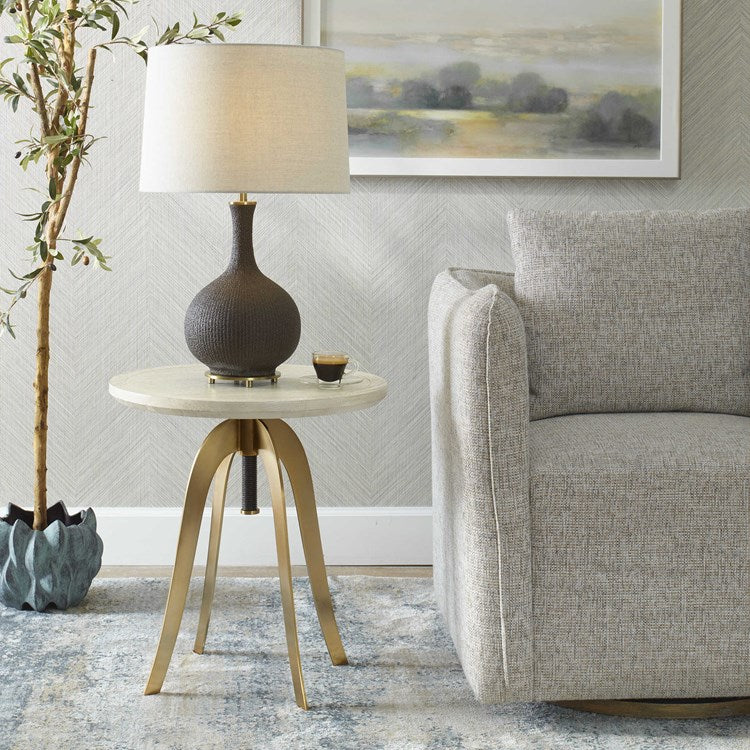 Uttermost Alice White Washed Oak With Brass Base Adjustable Side Table