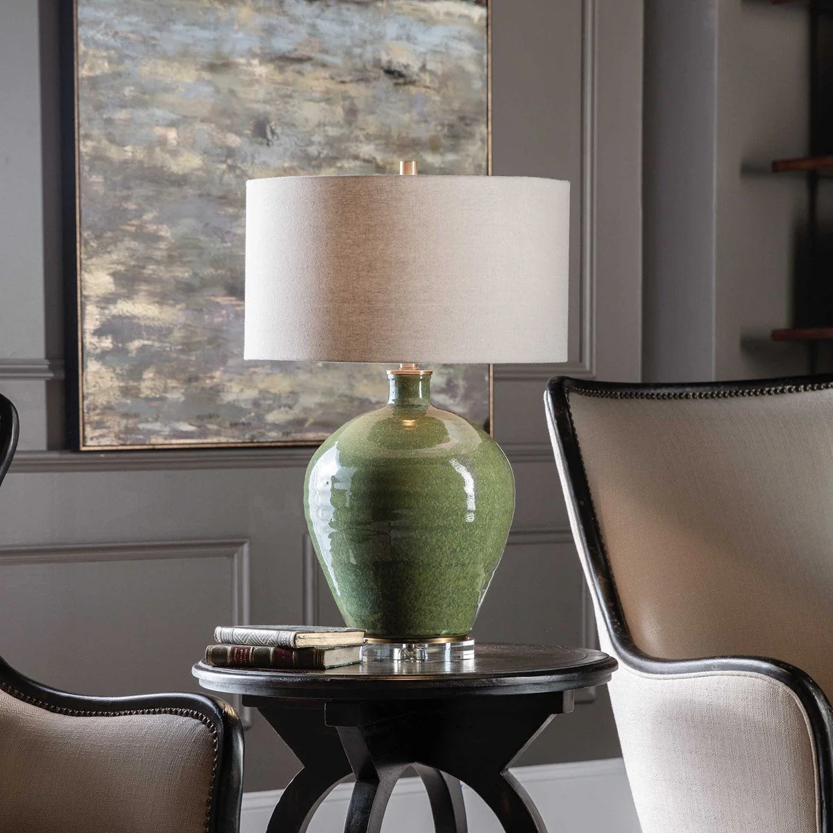 Uttermost Elva Emerald Green Glazed Ceramic Table Lamp With Beige Linen Shade