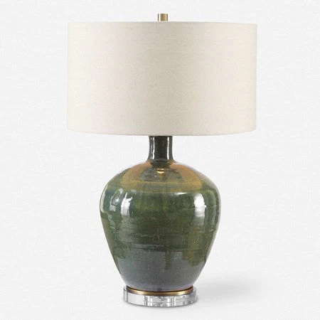 Uttermost Elva Emerald Green Glazed Ceramic Table Lamp With Beige Linen Shade - Image 2