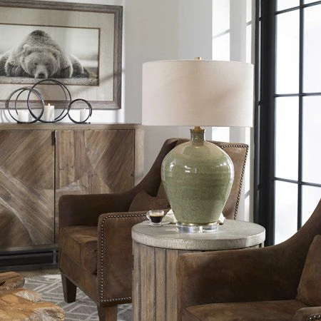 Uttermost Elva Emerald Green Glazed Ceramic Table Lamp With Beige Linen Shade - Image 3